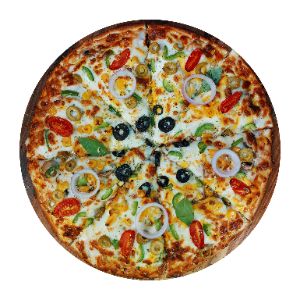 خمیر پیتزا با سس مخصوص + پنیر پیتزا +هات داگ و ژامبون گوشت  و مرغ ۹۰درصد + قارچ + فلفل دلمه + زیتون + ذرت شیرین